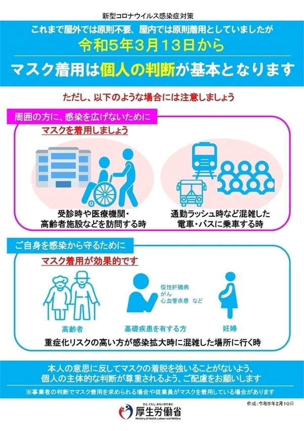 「令和5年3月31日からマスク着用は個人の判断が基本となります」リーフレット画像