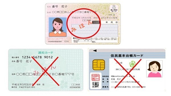 マイナンバーカード、マイナンバー通知カード、住民基本台帳カードのサンプル画像